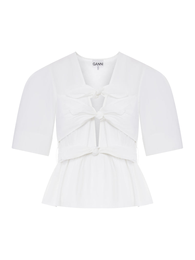 Ganni Women White Washed Stretch Cotton Tie Strap Blouse GANNI