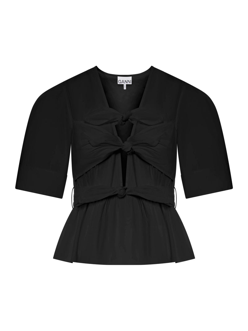 Ganni Women Black Stretch Cotton Tie Strap Blouse GANNI