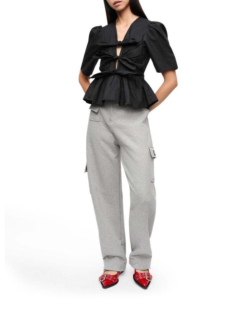 Ganni Women Black Stretch Cotton Tie Strap Blouse GANNI