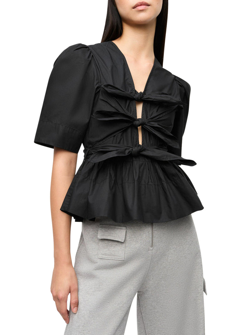 Ganni Women Black Stretch Cotton Tie Strap Blouse GANNI