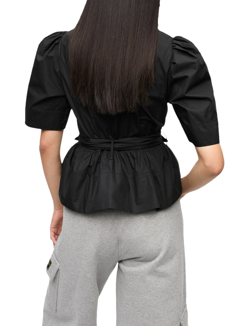 Ganni Women Black Stretch Cotton Tie Strap Blouse GANNI