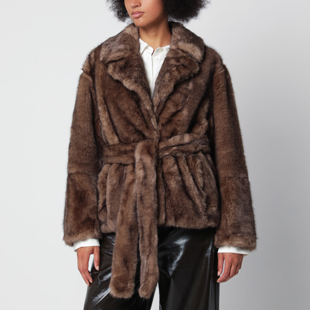 Stand Studio Brown Silena Jacket In Faux Fur With Belt Women STAND STUDIO