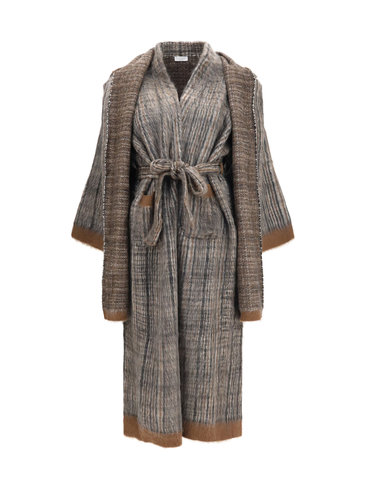 Brunello Cucinelli Women Prince Of Wales Double-Knit Mohair And Wool Coat With Scarf BRUNELLO CUCINELLI
