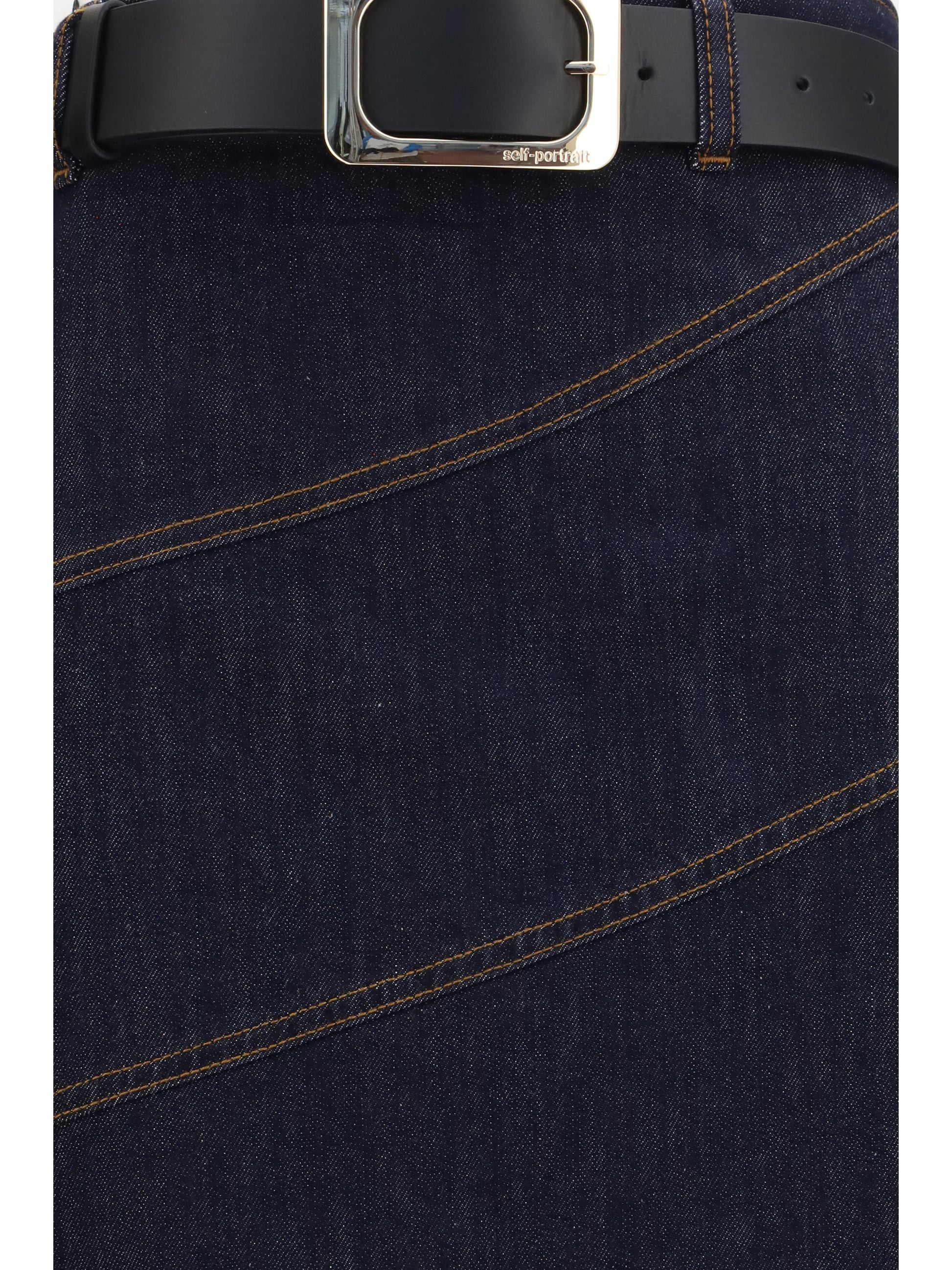 Self-Portrait Women Denim Midi Skirt With Belt SELF-PORTRAIT