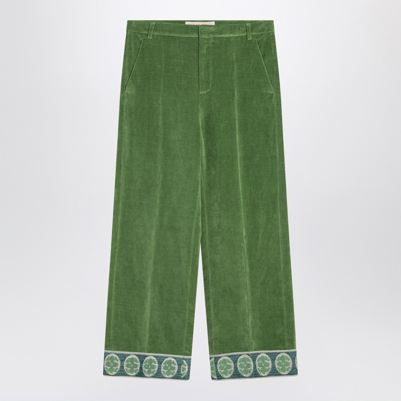 Valentino Green Velvet Trousers With Jacquard Hem Men VALENTINO