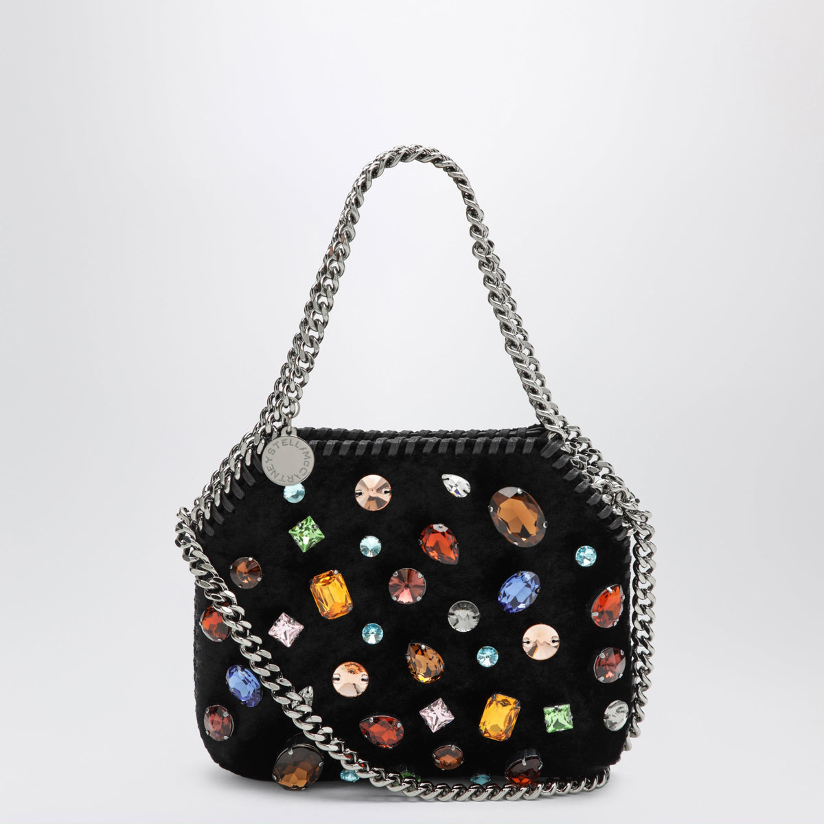 Stella Mccartney Black Falabella Tiny Shoulder Bag In Velvet With Crystals Women STELLA MCCARTNEY
