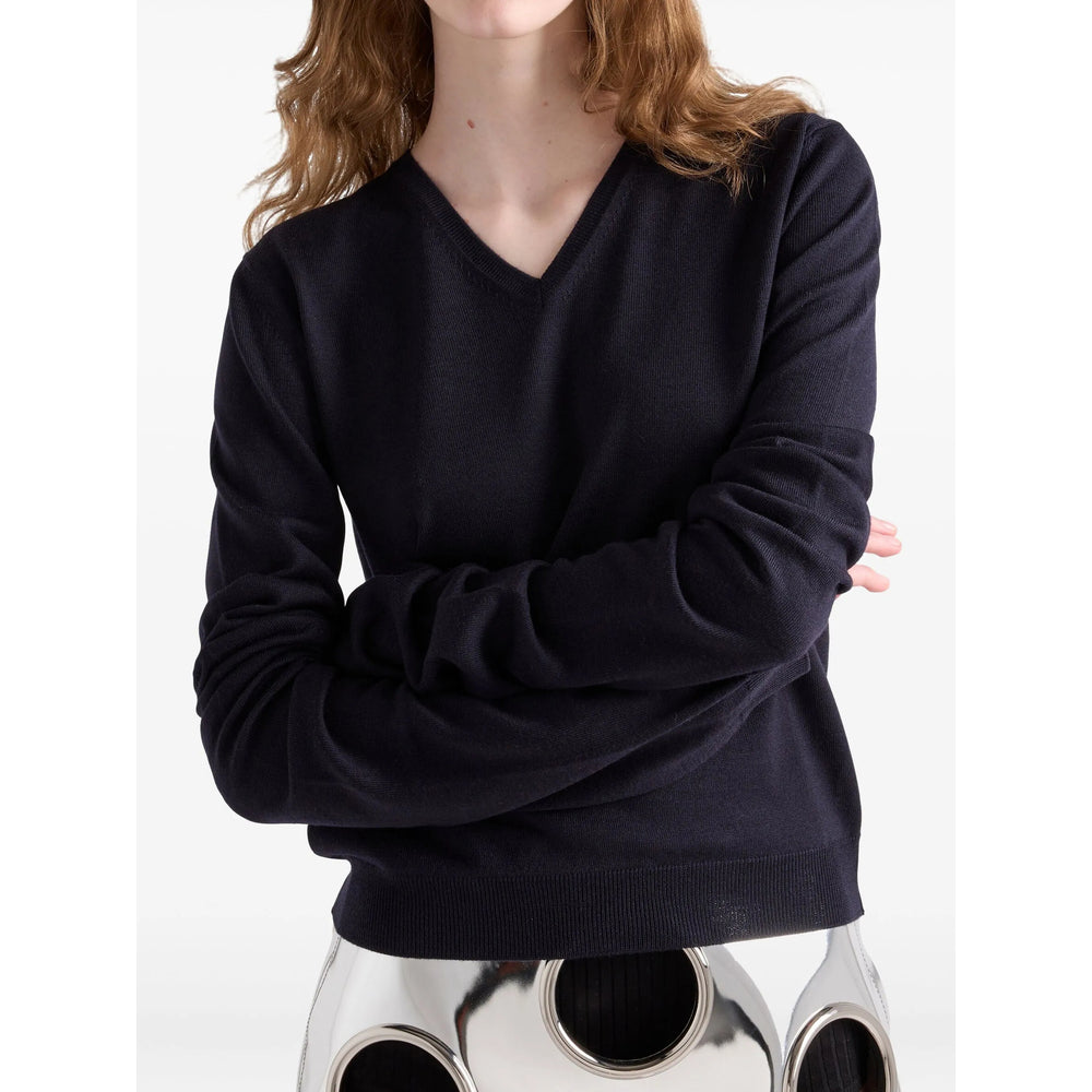 Prada Women Navy Wool V-Neck Sweater PRADA