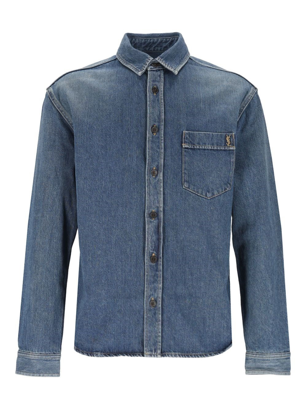 Saint Laurent Men Cassandre Denim Shirt In Reef Blue SAINT LAURENT