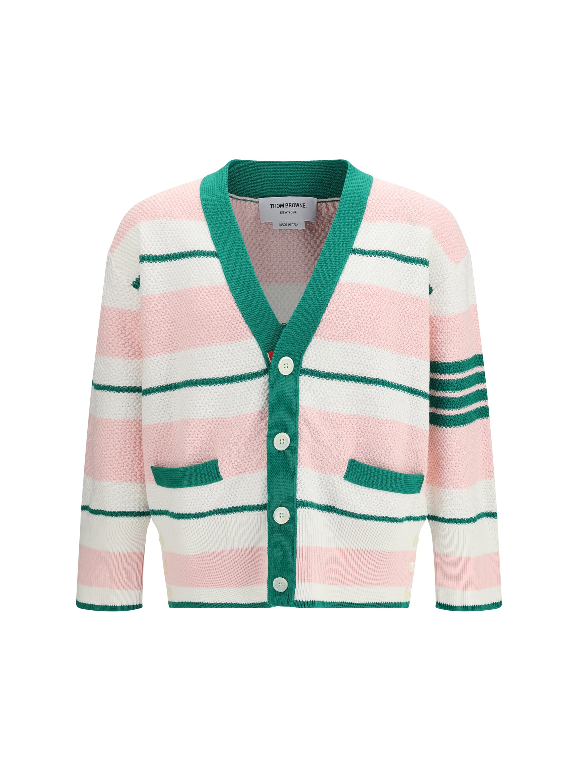 Thom Browne Men Classic Stripe Seed Stitch V Neck Cardigan THOM BROWNE