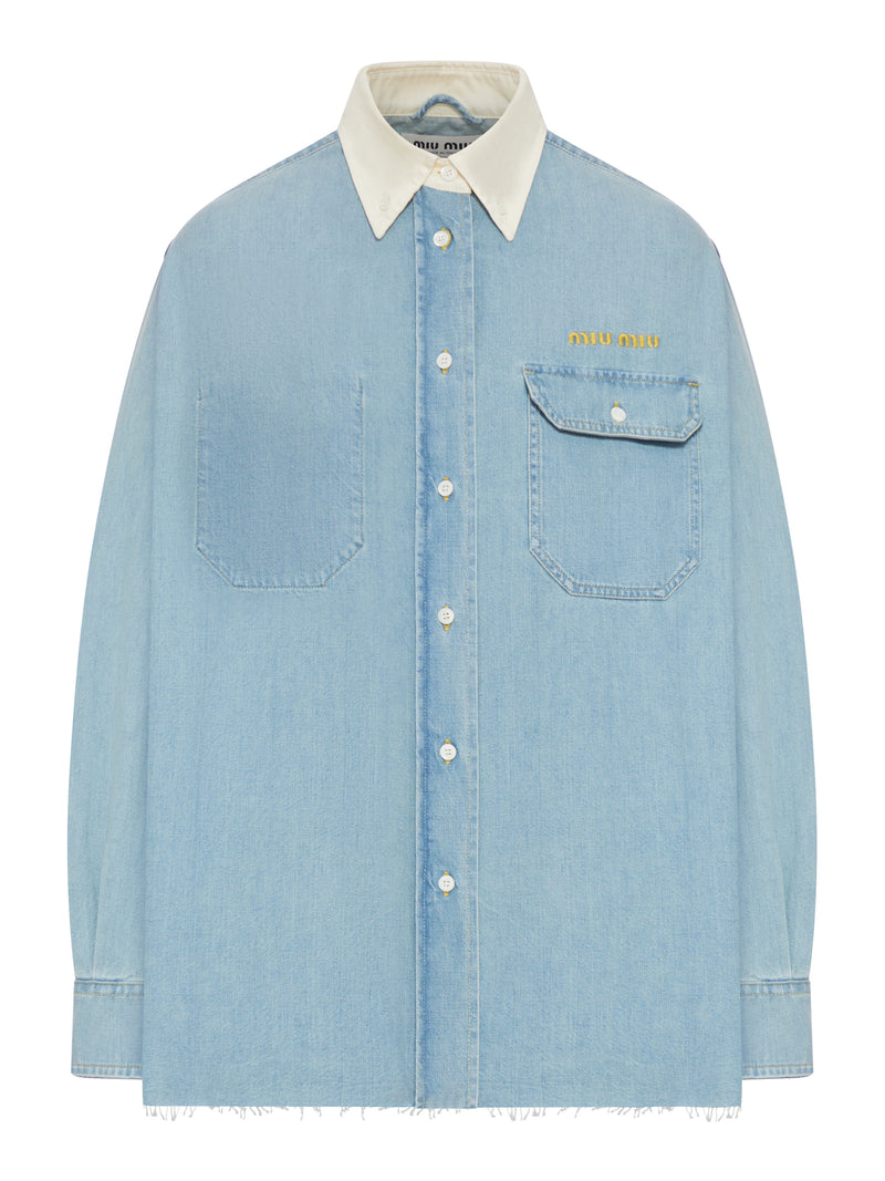 Miu Miu Women Denim Shirt With Contrasting Collar And Embroidered Logo MIU MIU