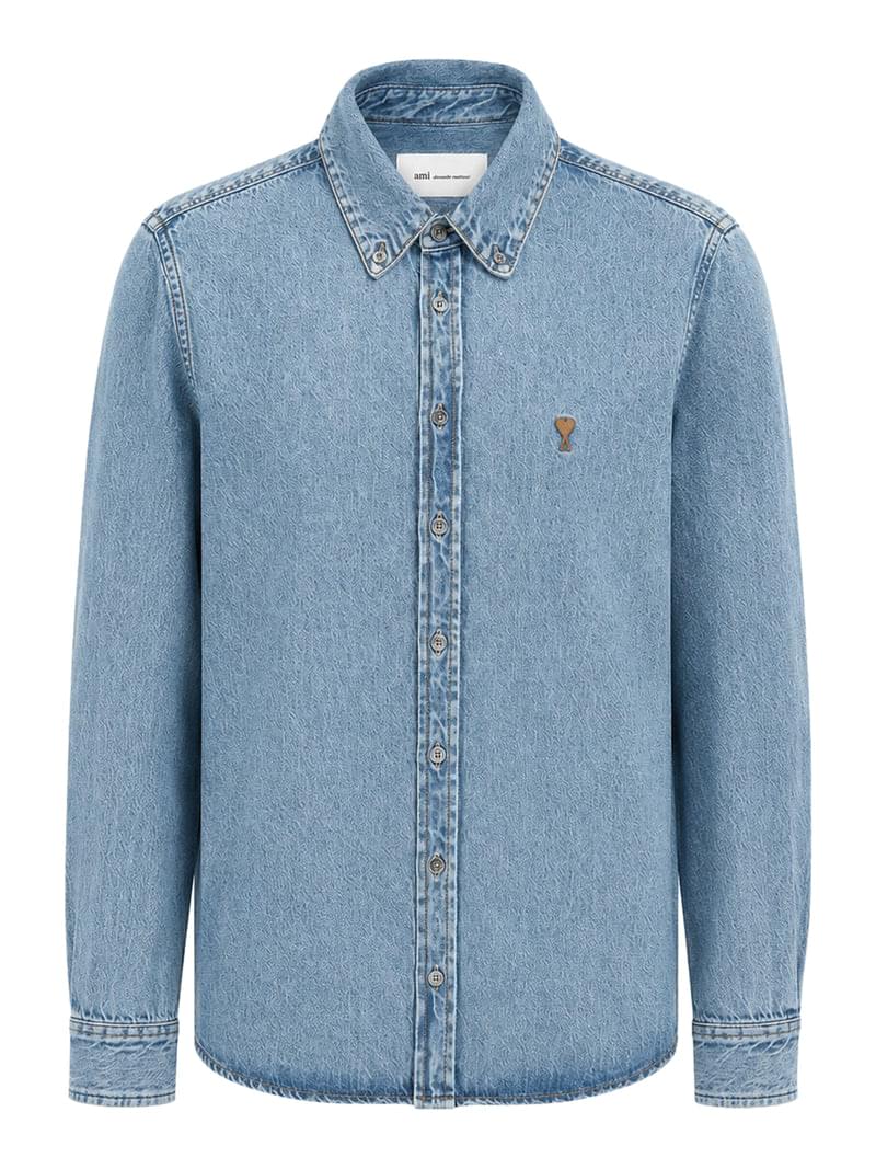 Ami Paris Men Light Denim Button-Down Shirt With Ami De Coeur AMI PARIS