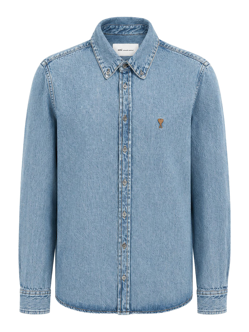 Ami Paris Men Light Denim Button-Down Shirt With Ami De Coeur AMI PARIS