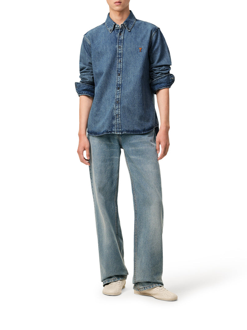 Ami Paris Men Light Denim Button-Down Shirt With Ami De Coeur AMI PARIS