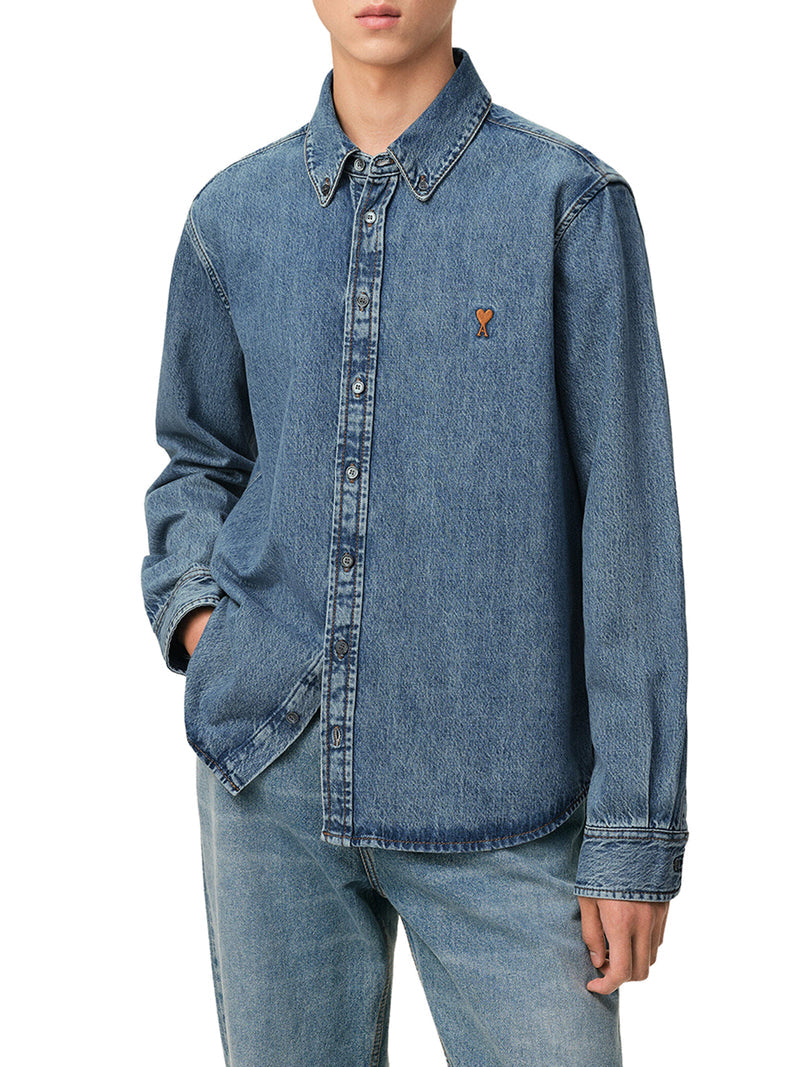 Ami Paris Men Light Denim Button-Down Shirt With Ami De Coeur AMI PARIS