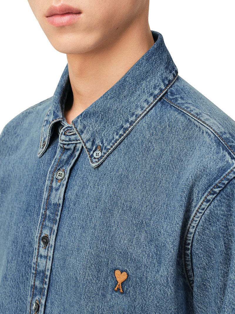 Ami Paris Men Light Denim Button-Down Shirt With Ami De Coeur AMI PARIS