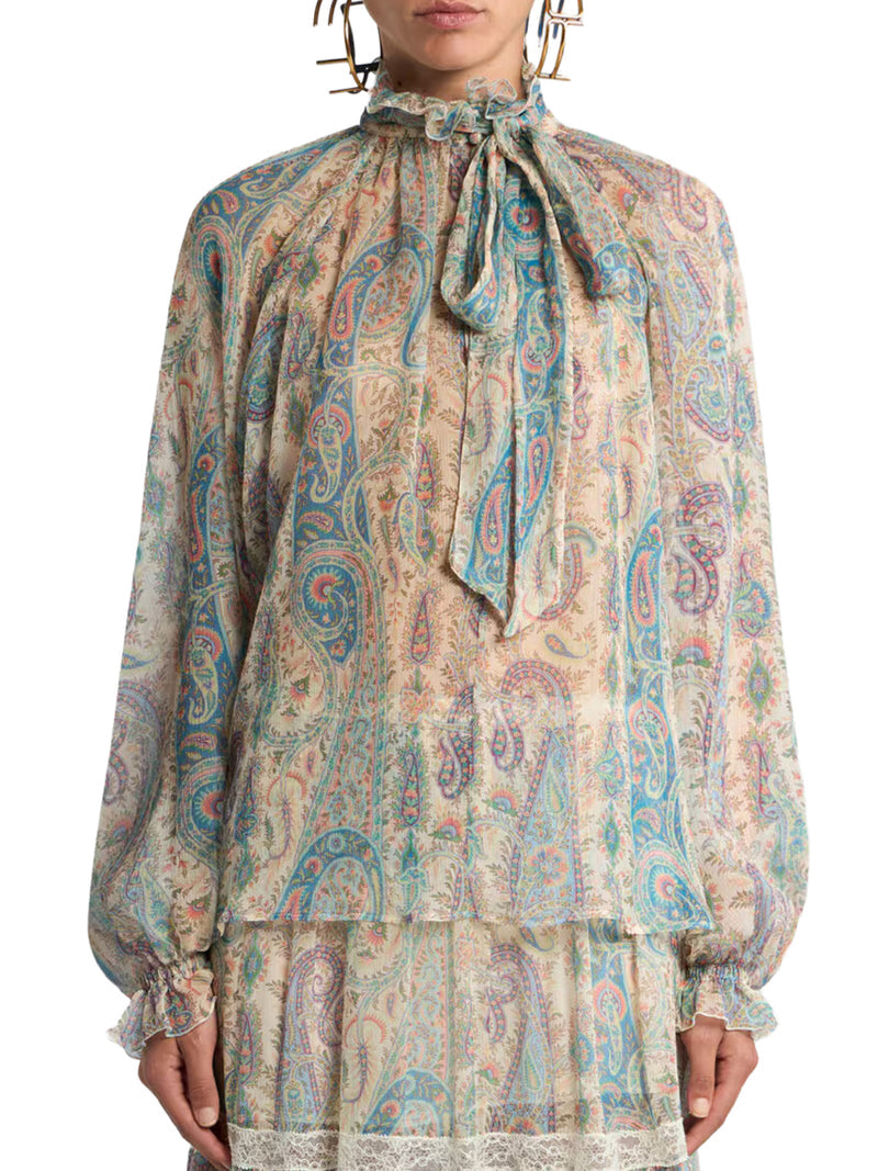 Etro Women Silk Crepon Blouse With Scarf And Paisley Foliage Motif ETRO