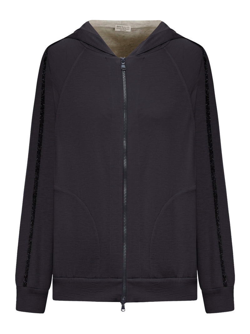 Brunello Cucinelli Women Cotton And Silk Interlock Topwear With Hood And Precious Stripe BRUNELLO CUCINELLI
