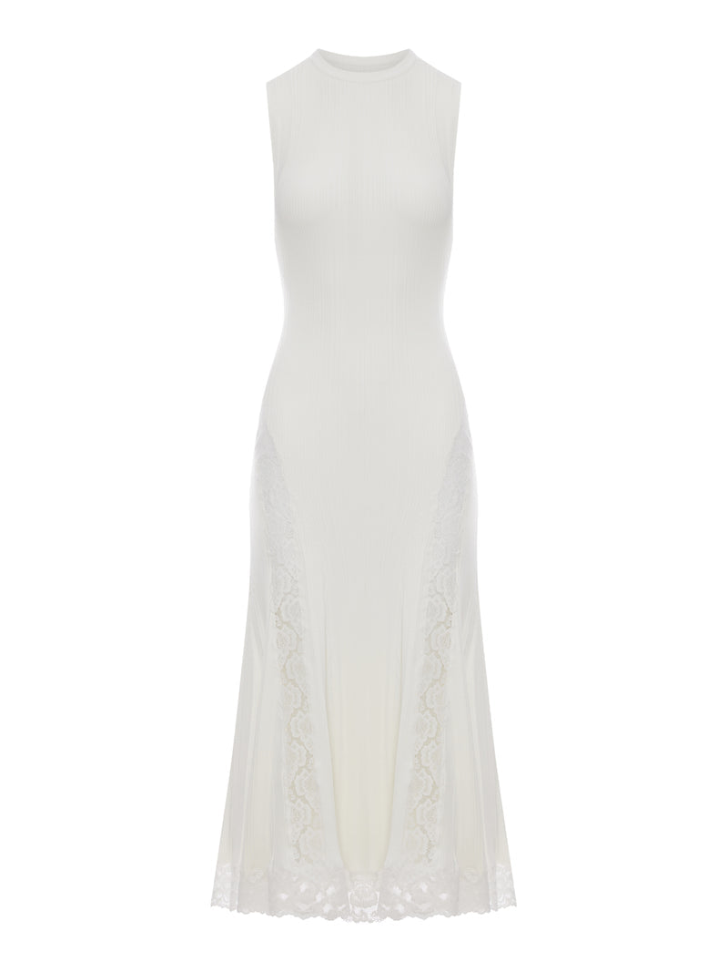 Self-Portrait Women White Knitted Midi Dress With Lace Inserts SELF-PORTRAIT