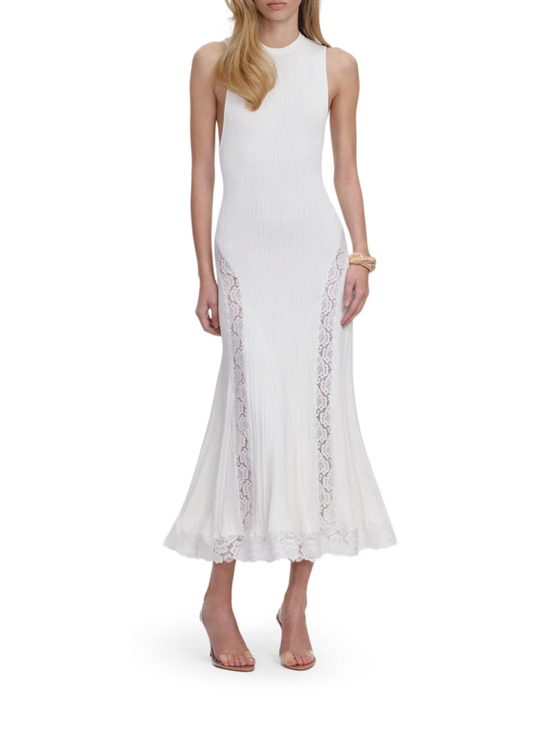 Self-Portrait Women White Knitted Midi Dress With Lace Inserts SELF-PORTRAIT