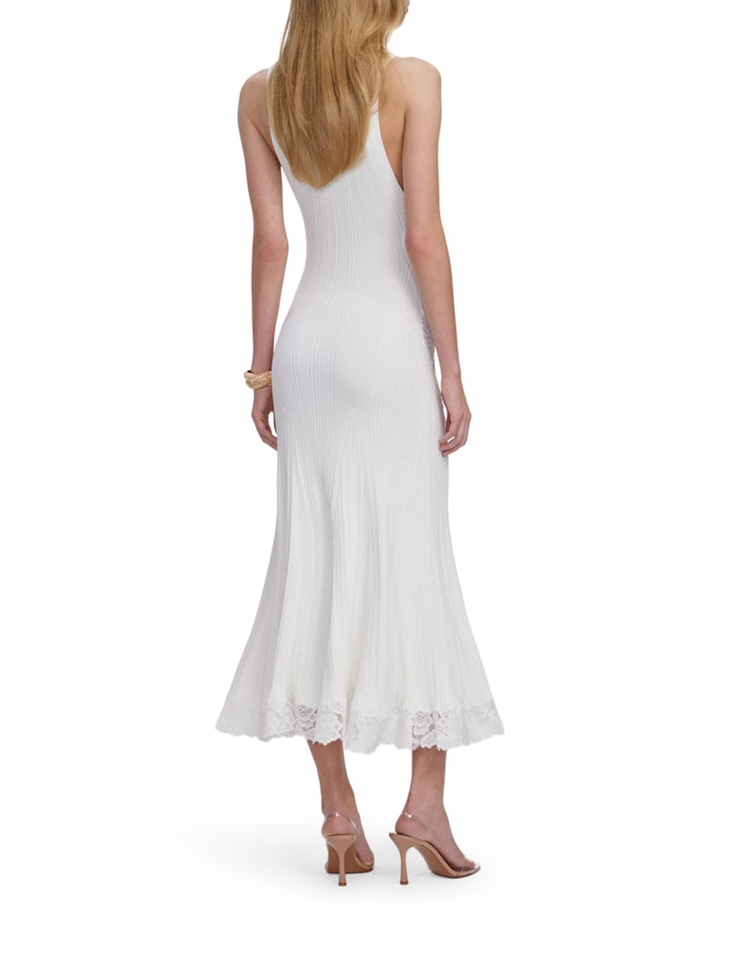 Self-Portrait Women White Knitted Midi Dress With Lace Inserts SELF-PORTRAIT