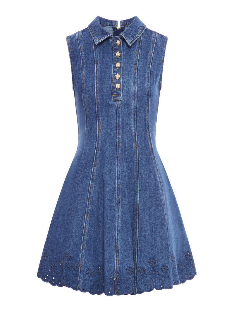 Self-Portrait Women Denim Broderie Mini Dress SELF-PORTRAIT