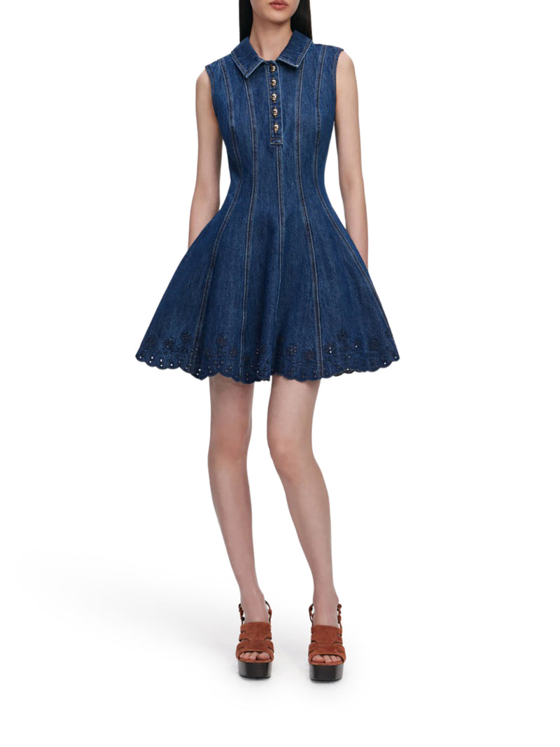 Self-Portrait Women Denim Broderie Mini Dress SELF-PORTRAIT