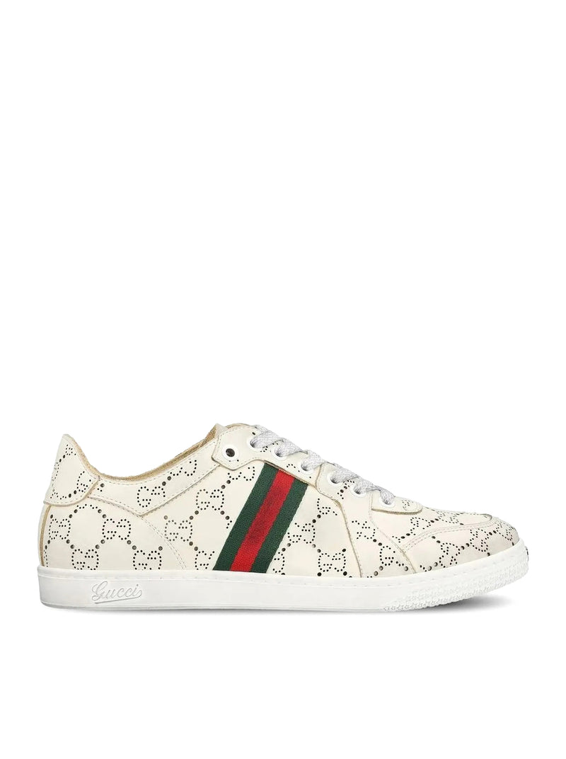 Gucci Women Leather Sneakers With Allover Gg And Web Band GUCCI