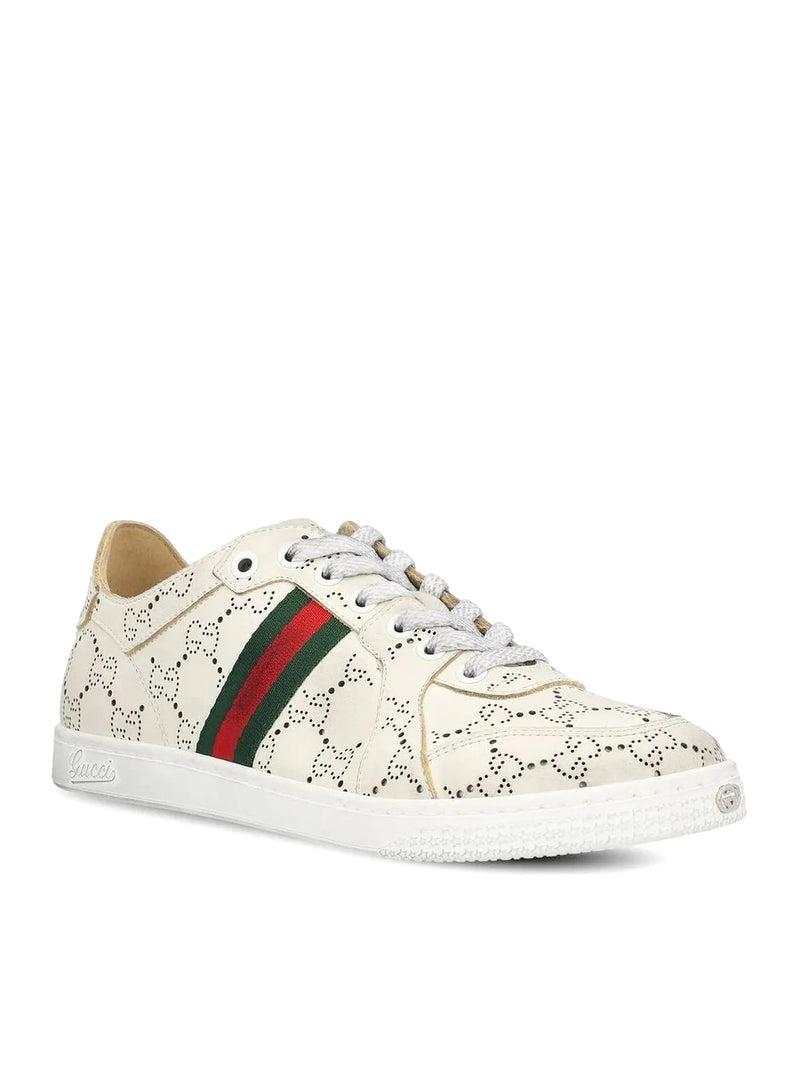 Gucci Women Leather Sneakers With Allover Gg And Web Band GUCCI