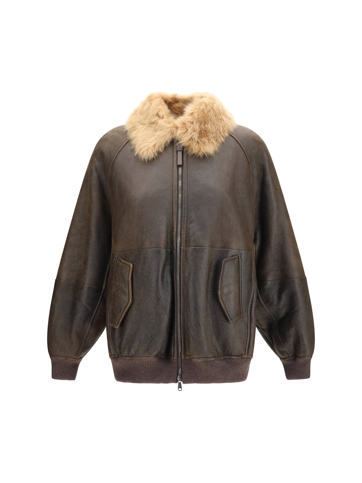 Brunello Cucinelli Women Vintage-Effect Shearling Bomber With Shiny Zipper Pull BRUNELLO CUCINELLI