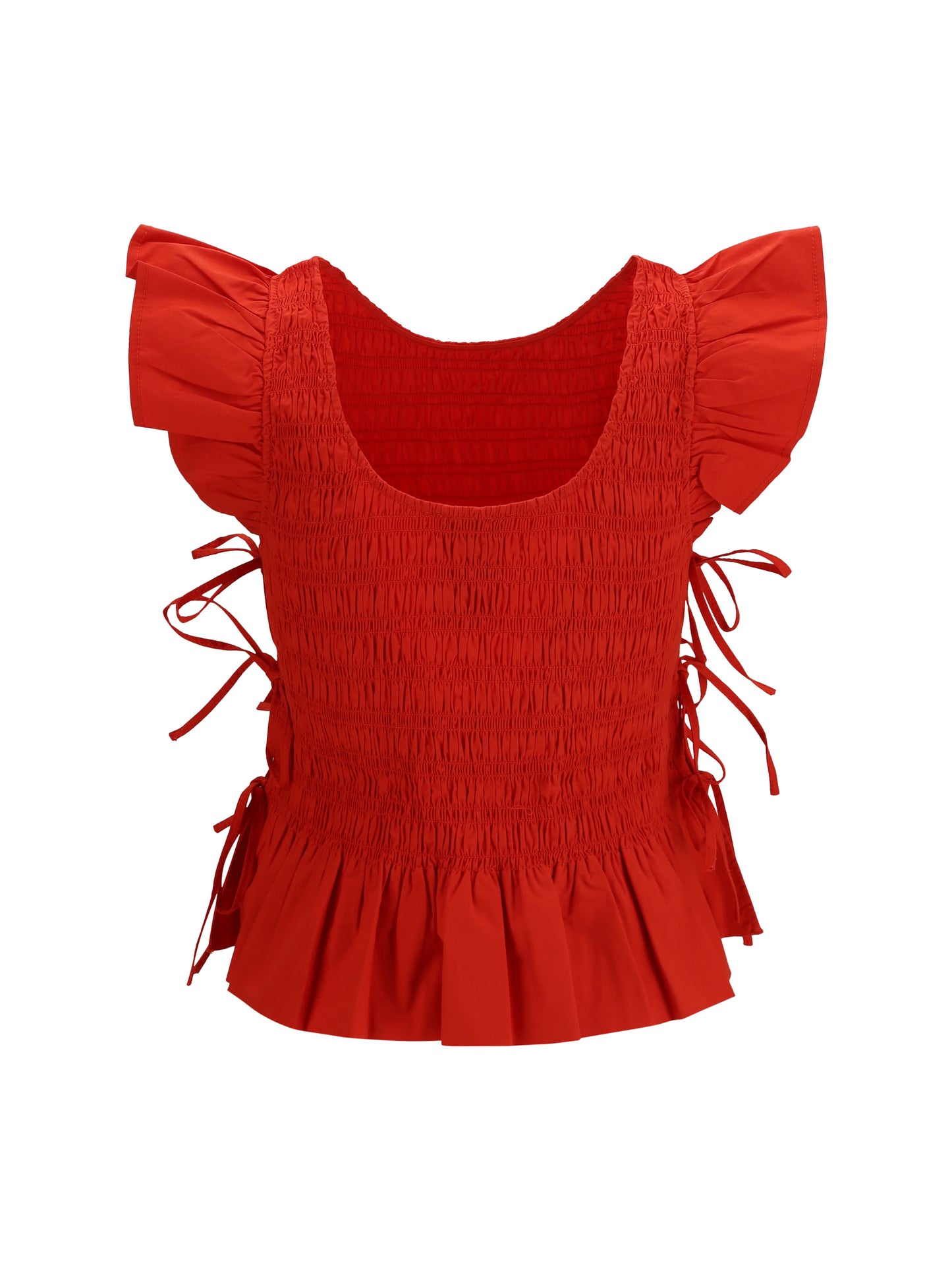 Ganni Women Ruched Cotton Top With Side Bows GANNI