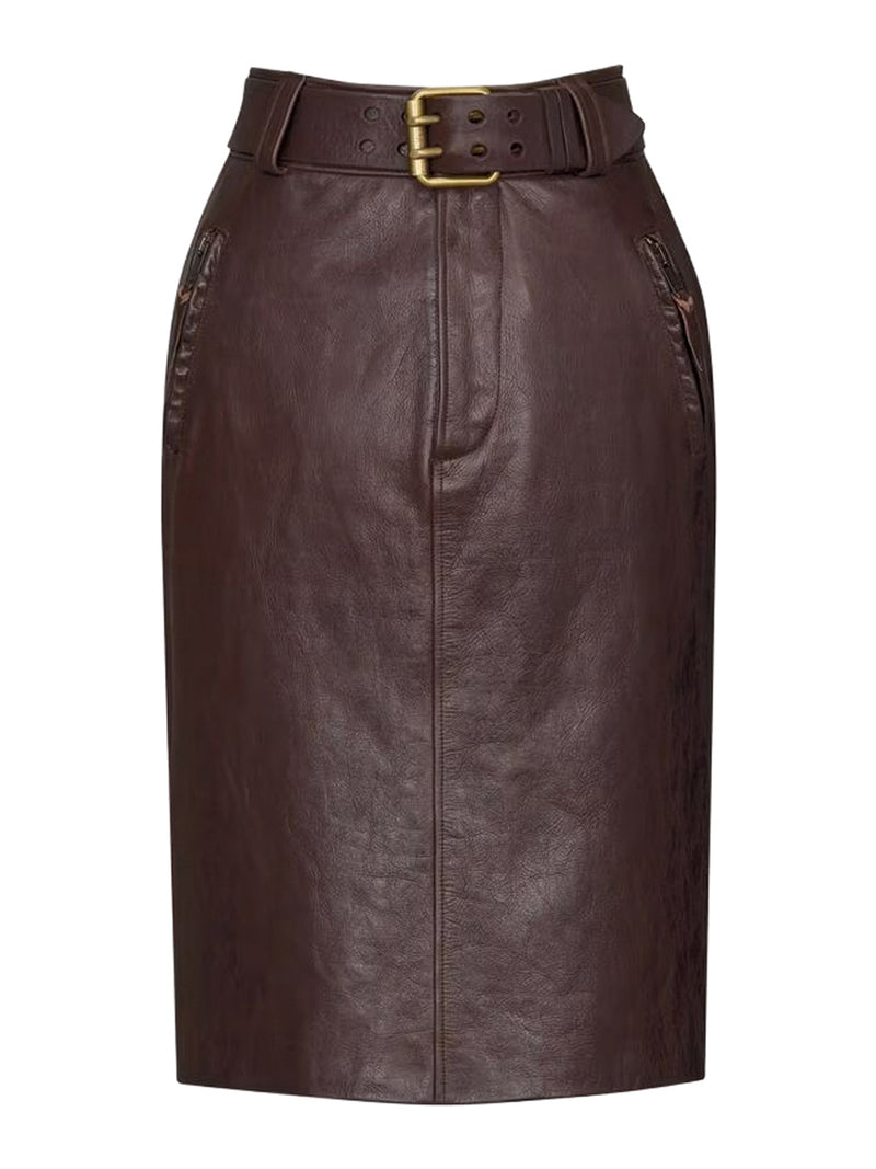 Saint Laurent Women Belted Pencil Skirt In Creased Leather SAINT LAURENT