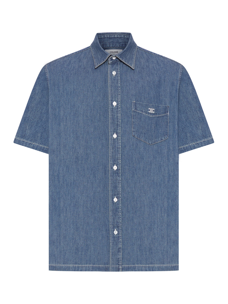 Celine Men Short-Sleeved Denim Bowling Shirt With Logo CELINE