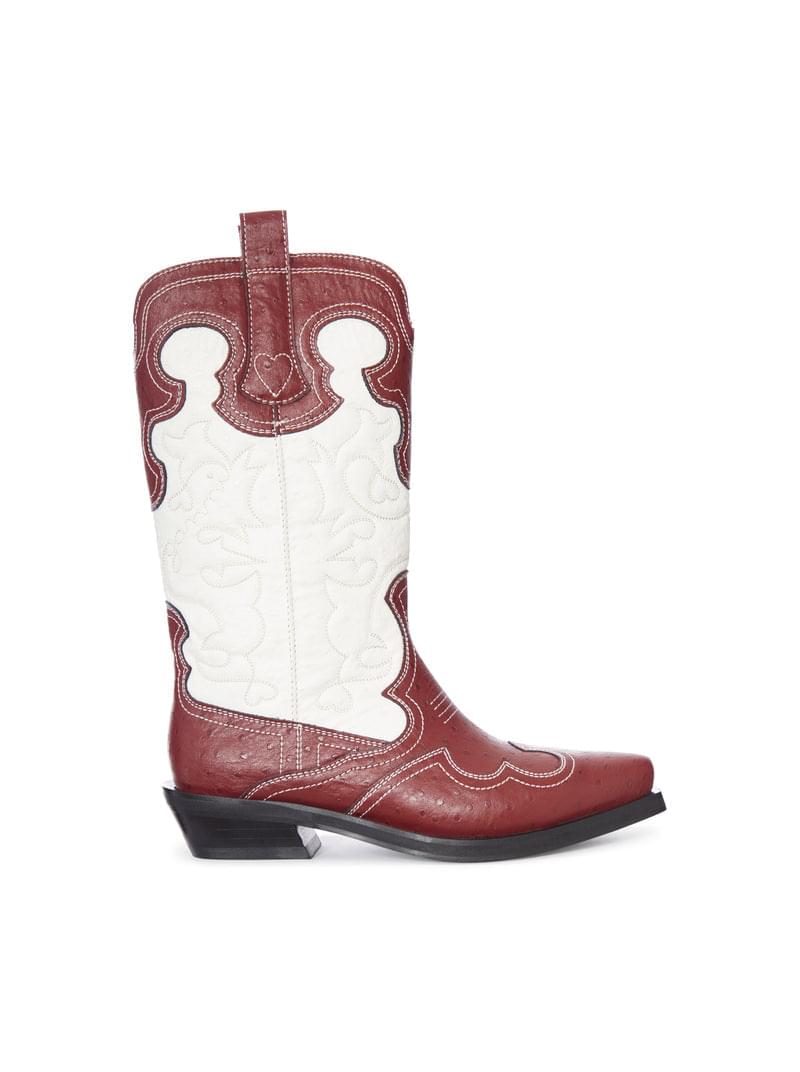 Ganni Women Two-Tone Leather Texan Boots With Decorative Embroidery GANNI