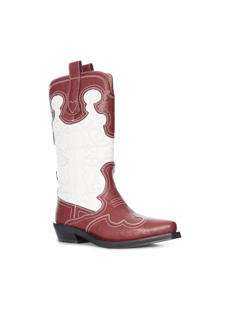 Ganni Women Two-Tone Leather Texan Boots With Decorative Embroidery GANNI
