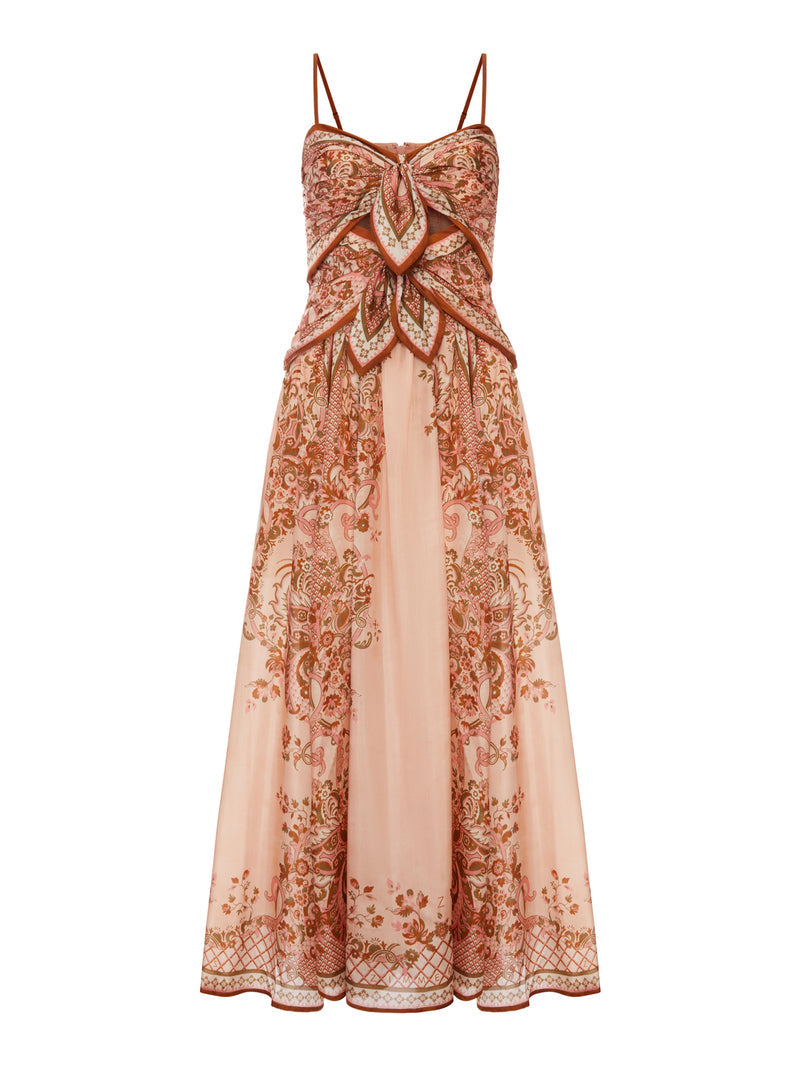 Zimmermann Women Aster Silk Midi Dress With Cut-Out Insert And Bows ZIMMERMANN