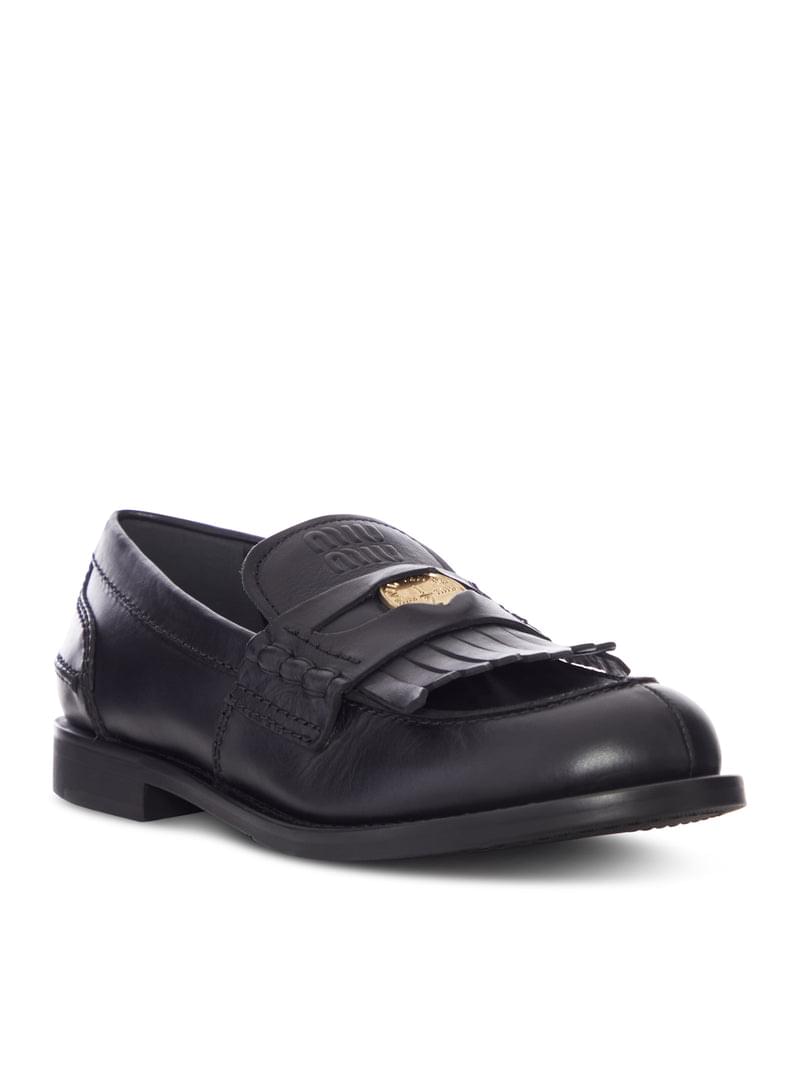 Miu Miu Women Leather Moccasin With Fringes And Logo Detail MIU MIU
