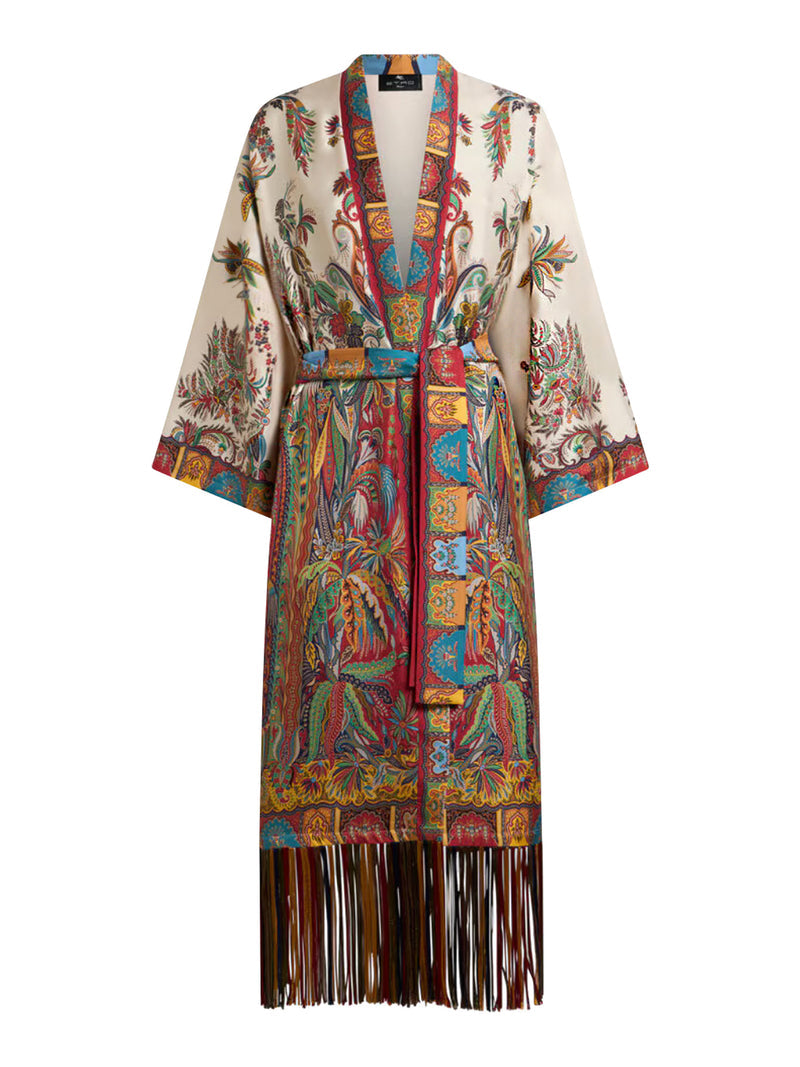 Etro Women Silk Duster Coat With Fringes And Paisley Foliage Print ETRO