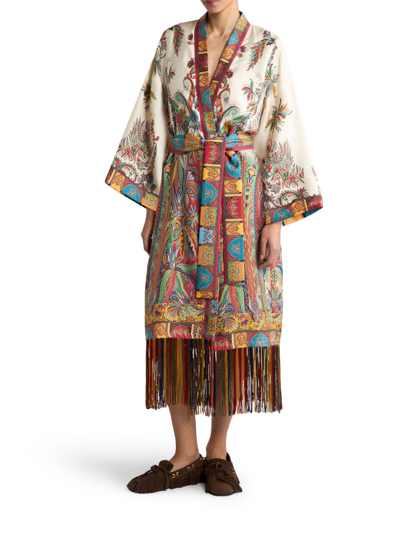 Etro Women Silk Duster Coat With Fringes And Paisley Foliage Print ETRO