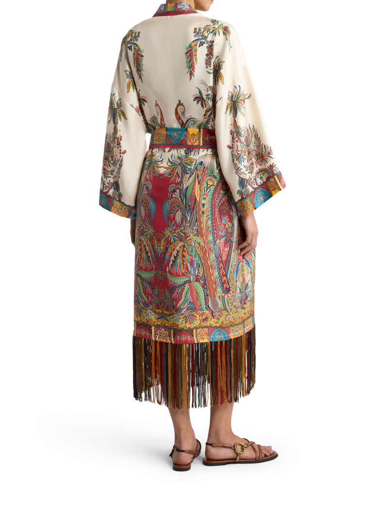 Etro Women Silk Duster Coat With Fringes And Paisley Foliage Print ETRO