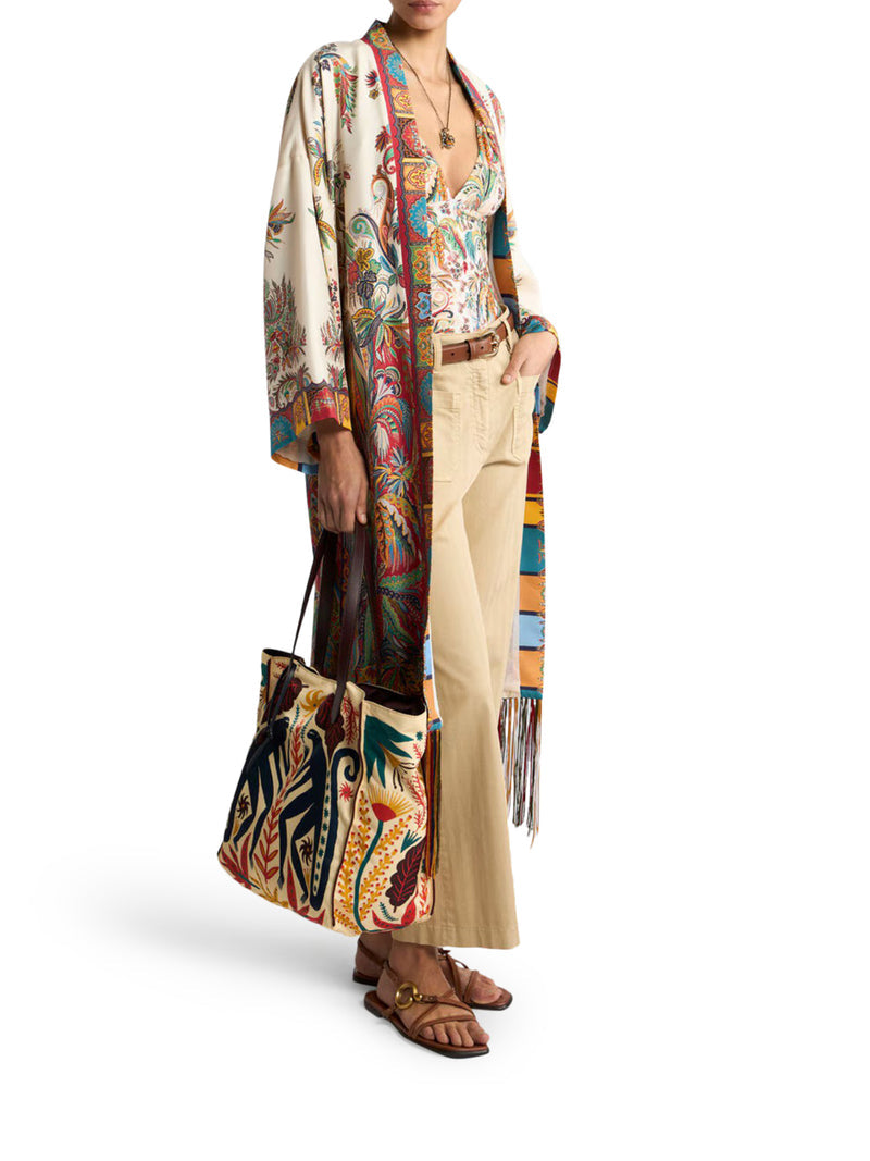 Etro Women Silk Duster Coat With Fringes And Paisley Foliage Print ETRO