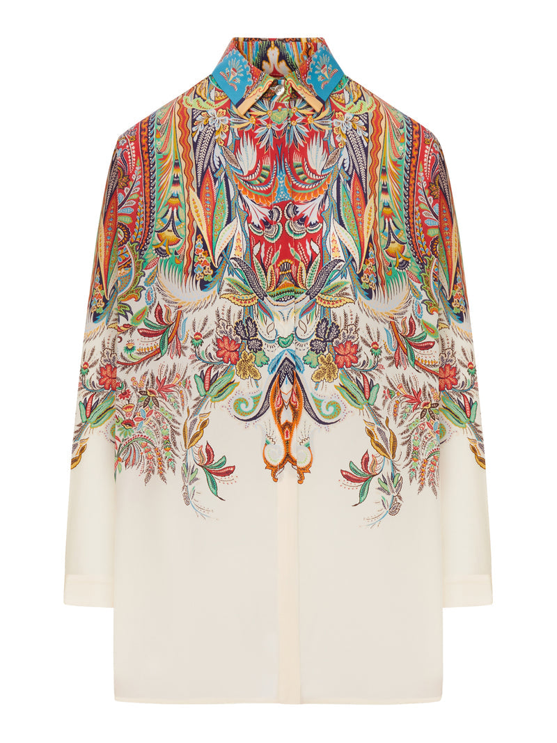 Etro Women Long Silk Shirt With Placed Paisley Foliage Print ETRO
