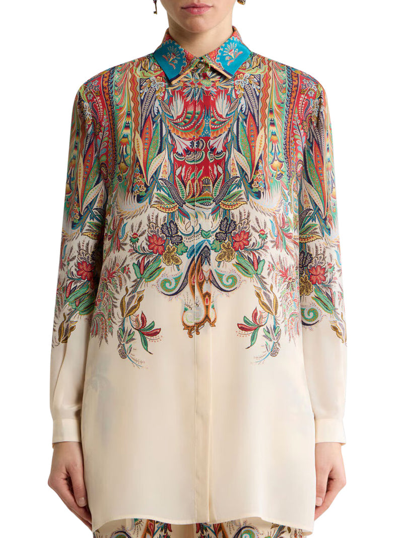 Etro Women Long Silk Shirt With Placed Paisley Foliage Print ETRO