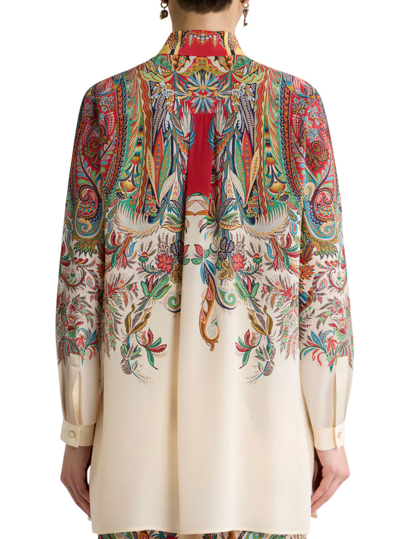 Etro Women Long Silk Shirt With Placed Paisley Foliage Print ETRO