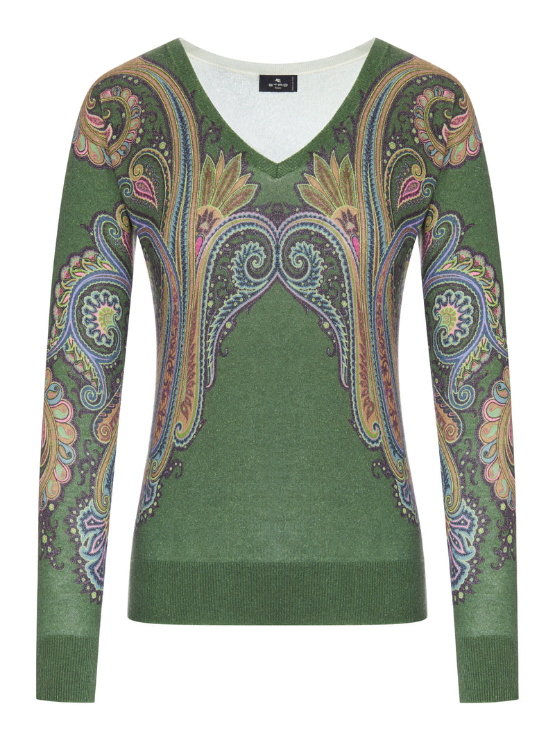 Etro Women Silk And Cashmere V-Neck Sweater With Placed Paisley Print ETRO