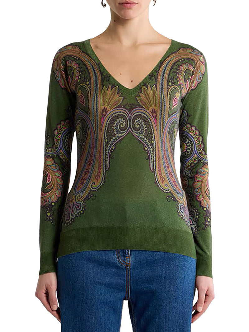 Etro Women Silk And Cashmere V-Neck Sweater With Placed Paisley Print ETRO