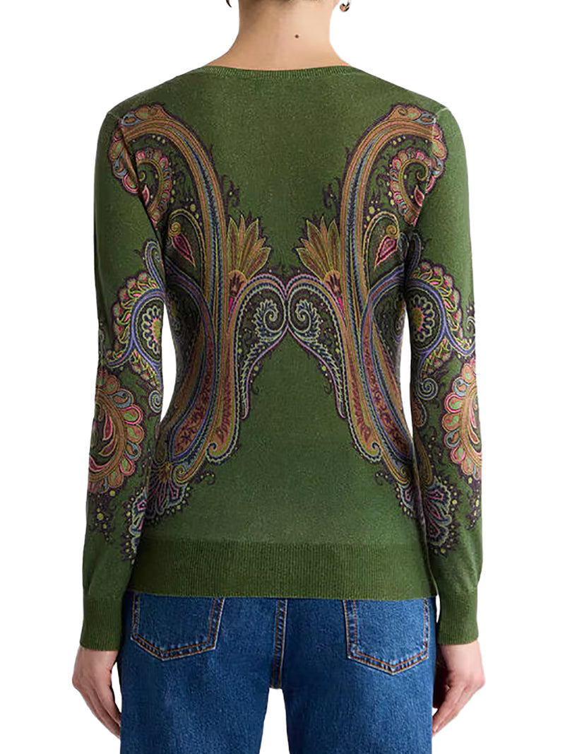 Etro Women Silk And Cashmere V-Neck Sweater With Placed Paisley Print ETRO