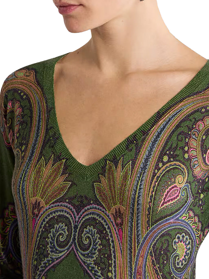 Etro Women Silk And Cashmere V-Neck Sweater With Placed Paisley Print ETRO