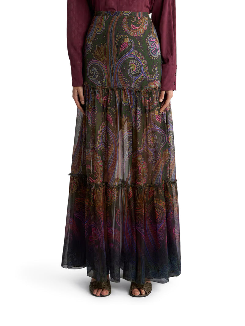 Etro Women Long Silk Skirt With Placement Paisley Print ETRO