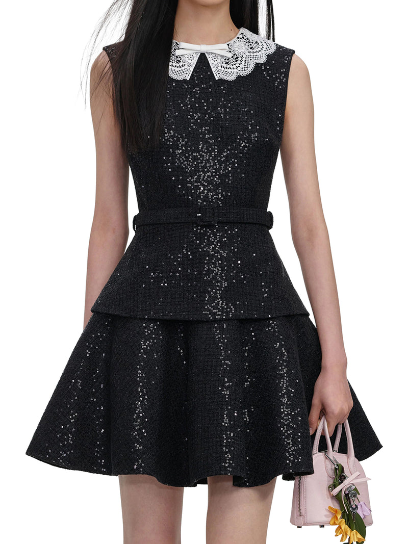 Self-Portrait Women Black Sequin Boucle Mini Dress SELF-PORTRAIT