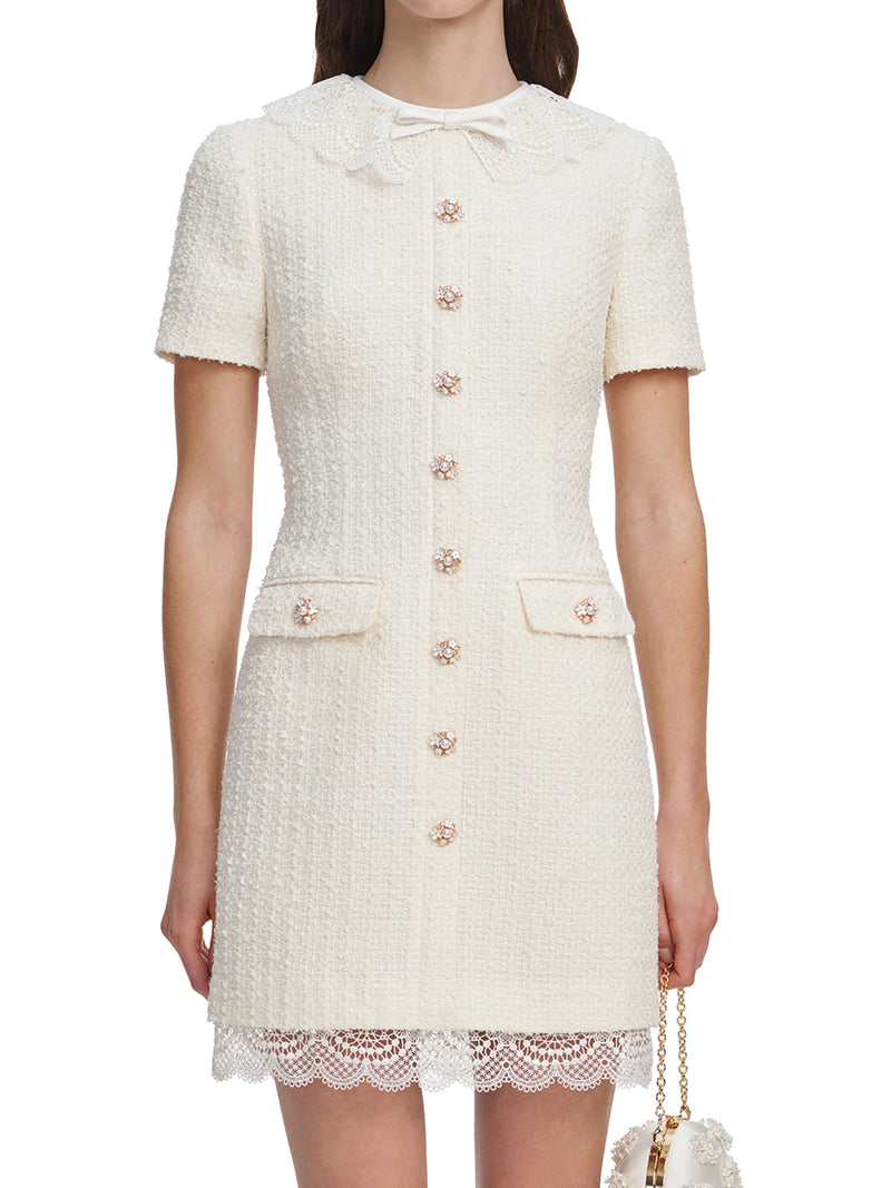 Self-Portrait Women Cream-Coloured Mini Dress With Boucle Lace Coverings SELF-PORTRAIT